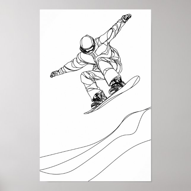 Poster ilustração de arte linear de um snowboarder (Frente)