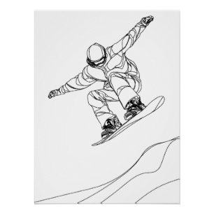Póster ilustração de arte linear de um snowboarder