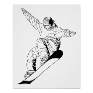 Póster Ilustração de arte linear minimalista de um snowbo