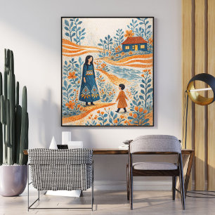 Poster Ilustração de Arte Popular Caprichosa de Mãe e Fil