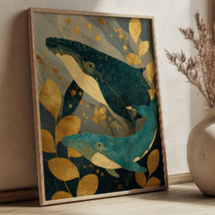 Poster Ilustração de Baleia Azul Naval e Dourada Kintsugi