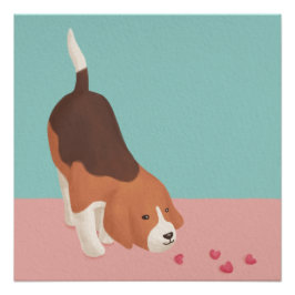 Póster Ilustração de Beagle e Corações Bonitos