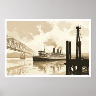POSTER ILUSTRAÇÃO DE BELAS ARTES PAISAGEM DE BARCAÇA FLUV