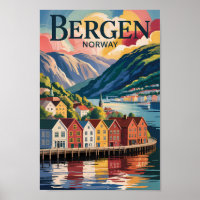 Ilustração de Bergen Noruega Viagem Arte Vintage