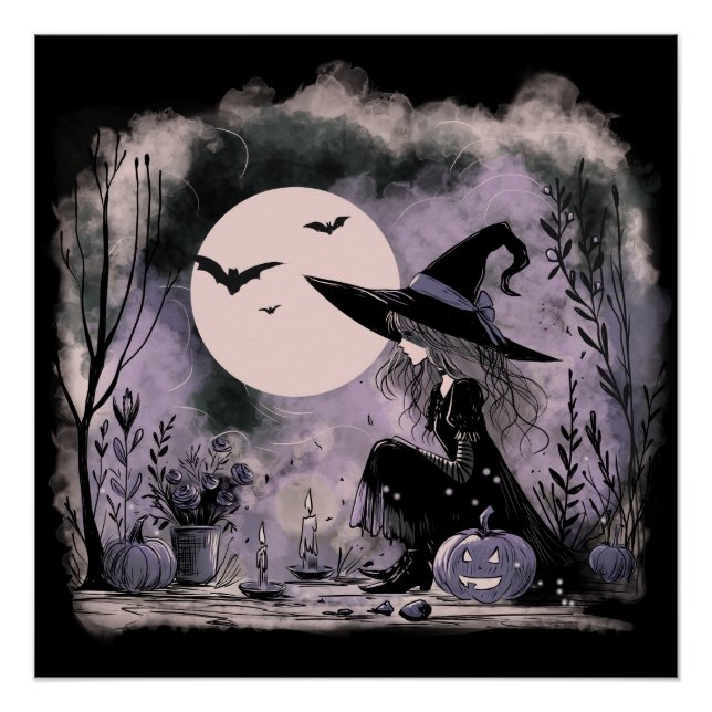 Póster Ilustração de Bruxa de Halloween (Frente)