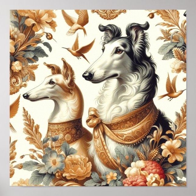 Poster Ilustração de Cachorro Borzoi Vintage (Frente)