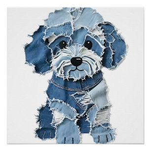 Póster Ilustração de Cachorro com Remendo de Jeans Fofo