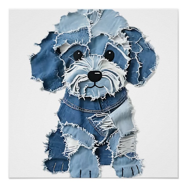 Póster Ilustração de Cachorro com Remendo de Jeans Fofo (Frente)
