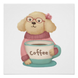 Póster Ilustração de Cachorro e Café