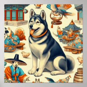 Poster Ilustração de Cachorro Jindo Coreano Vintagae