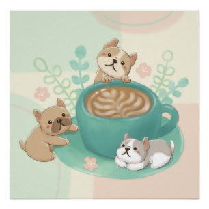 Póster Ilustração de Cães e Café Bonitos