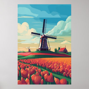 Poster Ilustração de Campo de Tulipas com Moinho de Vento