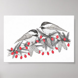Poster Ilustração de Caneta de Maine Chickadees e Arte de