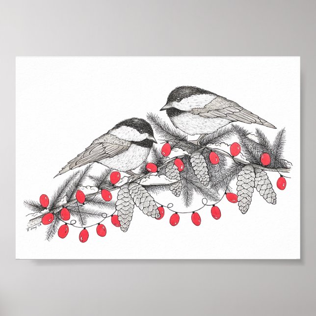 Poster Ilustração de Caneta de Maine Chickadees e Arte de (Frente)