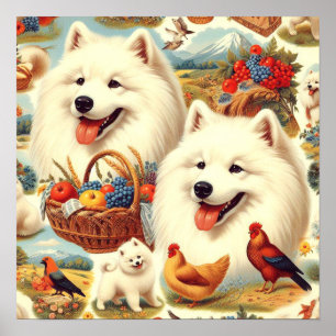 Poster Ilustração de Cão Samoyed Vintage