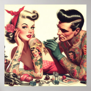 Poster Ilustração de Casal de Tatuagem na Vintage Old Sch