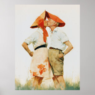 Poster Ilustração de Casal Vintage Caprichoso Beijando
