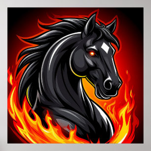 Poster Ilustração de Cavalo Preto Ardente com Olhos Brilh