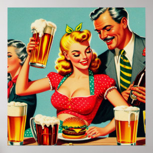 Poster Ilustração de Cerveja Vintage e Burger