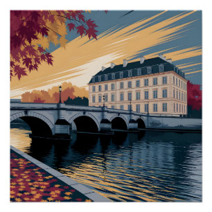 Póster Ilustração de Cidade Europeia à Beira Rio no Outon