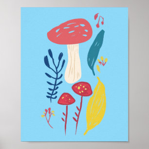 Poster Ilustração de cogumelo (BLUE BKGRD) 8 x 10