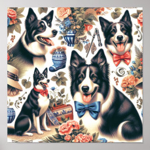 Poster Ilustração de Collie de Borda de Vintagem de Corte