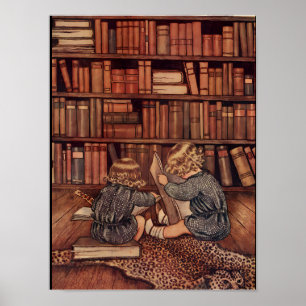 Poster Ilustração de Crianças Antigas Lendo na Biblioteca