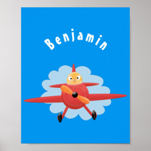 Poster Ilustração de desenho animado de avião vermelho-vo