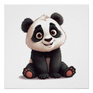 Póster Ilustração de Desenho Animado de Urso Panda Sentad