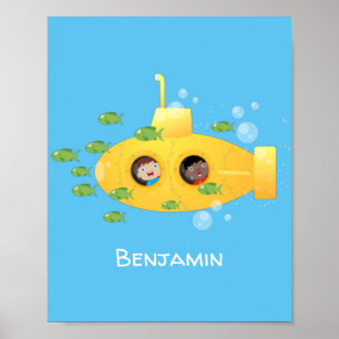 Poster Ilustração de desenho animado submarino amarelo
