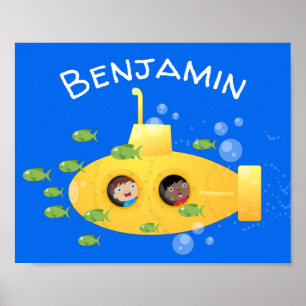 Poster Ilustração de desenho animado submarino amarelo