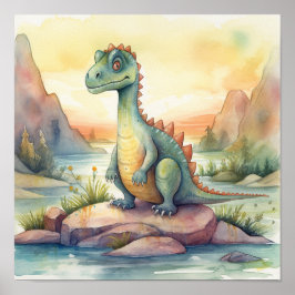 Poster Ilustração de Dinossauro Fofo em Aquarela de Livro