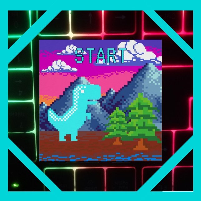 Póster Ilustração de Dinossauro Pixelada Divertida para G (Funny Pixel Gamer Pixelated- Dinosaur Illustration Two Page The Zazzle Perfect Poster Glossy Finish)