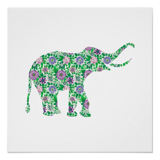 Póster Ilustração de elefante roxo e verde (Frente)