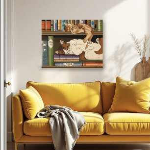 Póster Ilustração de Estante de Livros de Gatos Adormecid