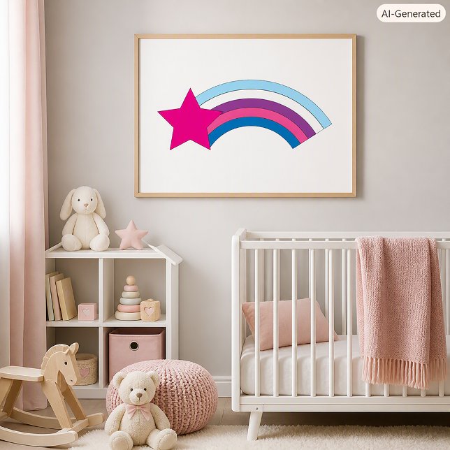 Poster Ilustração de Estrela Rosa Estrela Arco-Íris Fofa (A poster featuring a pink heart with a blue, purple and pink rainbow.)