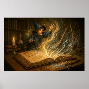 Poster Ilustração de fantasia de jovem mago com livro