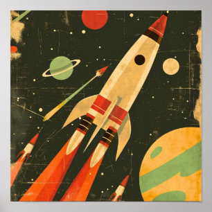 Poster Ilustração de Foguete Espacial Retro de Ficção Cie