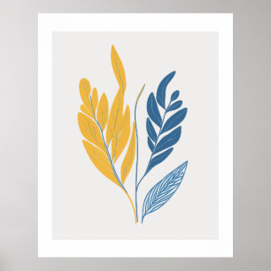 Poster Ilustração de Folhas Minimalistas em azul e amarel