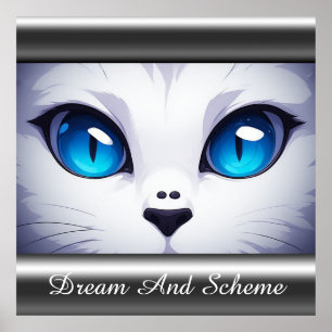 Poster Ilustração de Gato Branco Com Olhos Azuis Vibrante