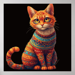 Poster Ilustração de Gato com Padrões Fofos em Estilo de