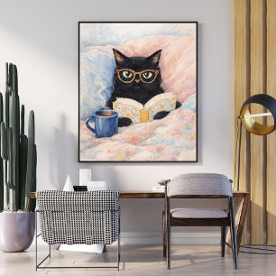 Poster ilustração de gato lendo   arte de gato preto   ac