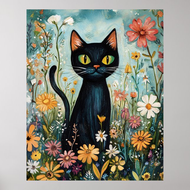 Poster Ilustração de Gato Preto Caprichoso com Flores Sil (Frente)