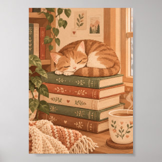 Poster Ilustração de Gato Sonolento em Cantinho de Leitur