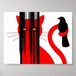Poster Ilustração de gato vermelho e pássaro preto