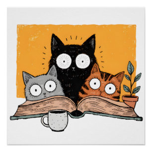 Póster Ilustração de Gatos Engraçados Lendo