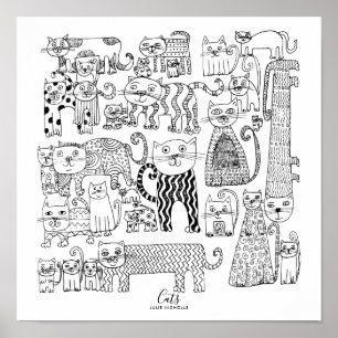 Poster Ilustração de Gatos Preto e Branco