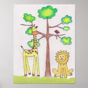 Póster Ilustração de girafa e leão fofa para arte de berç