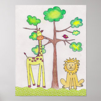 Póster Ilustração de girafa e leão fofa para arte de berç