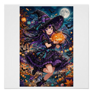 Póster Ilustração de Halloween de Garota Anime Bruxa